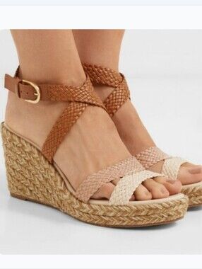 Stuart Weitzman Elsie ColorBlock Braided Leather Wedge Espadrille Sandals Size 7